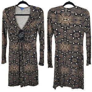 Vintage 90s Bluemarine Bodycon Dress M Brown Plunging V Logo Ruched‎ Snake Italy